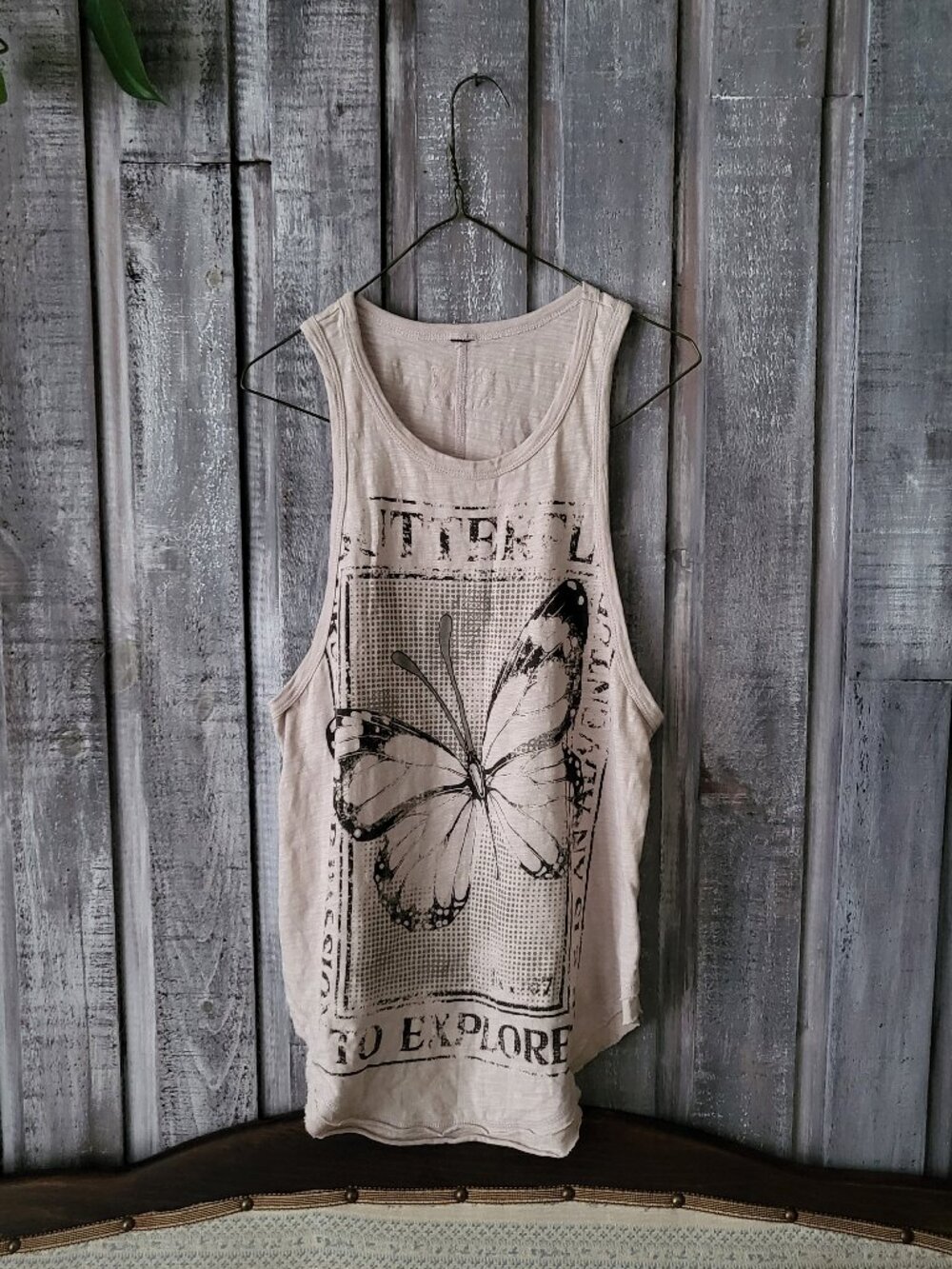Cotton Vintage Distressed Butterfly Tank Top Pink S Boho Cami Raw Edge